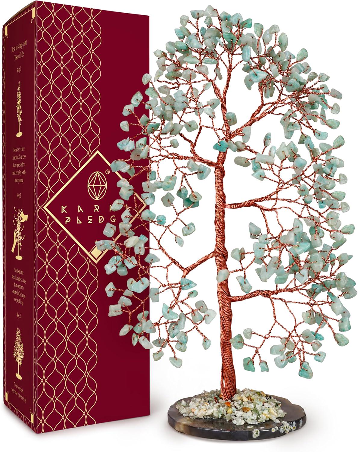 Amazonite Crystal Tree of Life with Slice Base, Handmade Reiki Decor for Home and Office