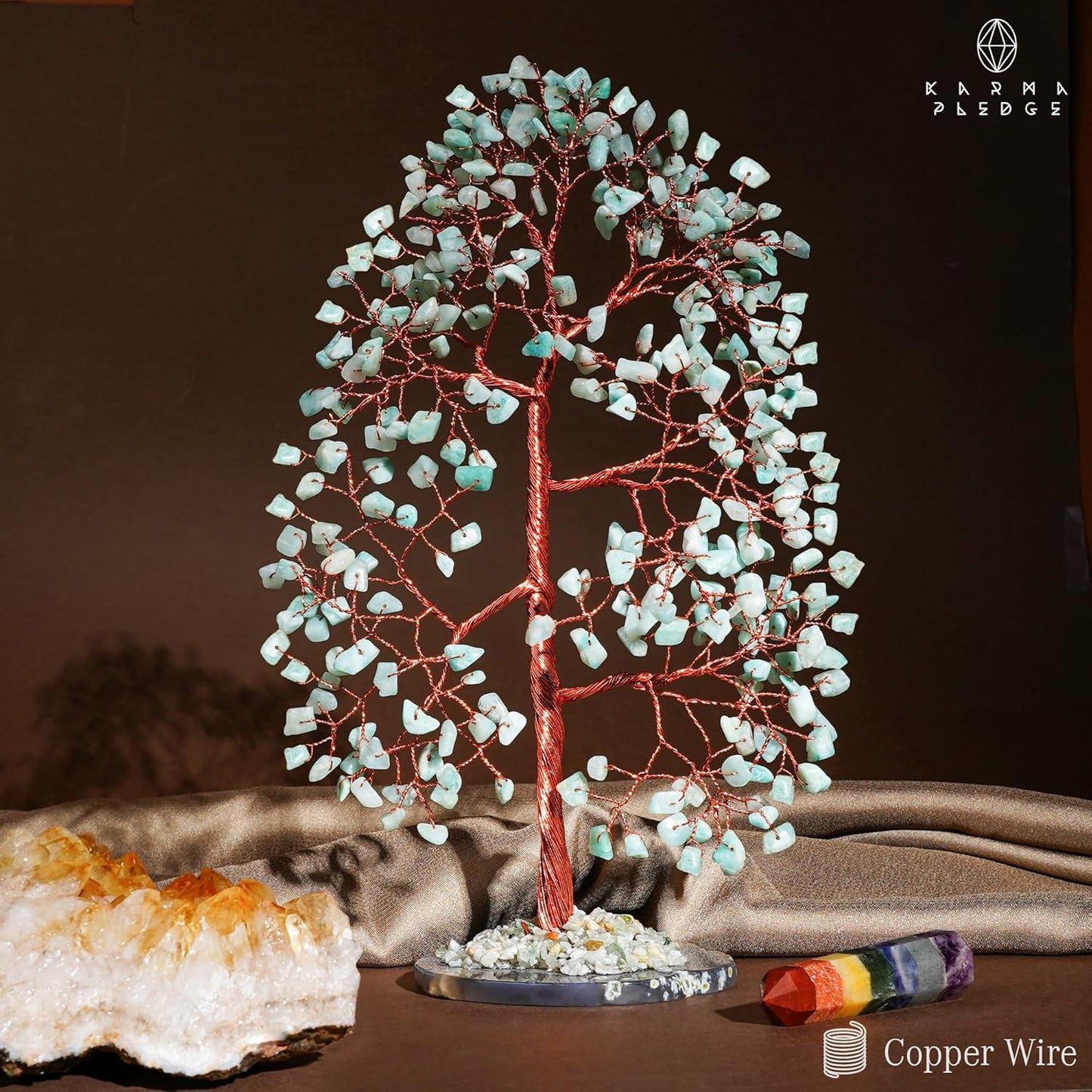 Amazonite Crystal Tree of Life with Slice Base, Handmade Reiki Decor for Home and Office
