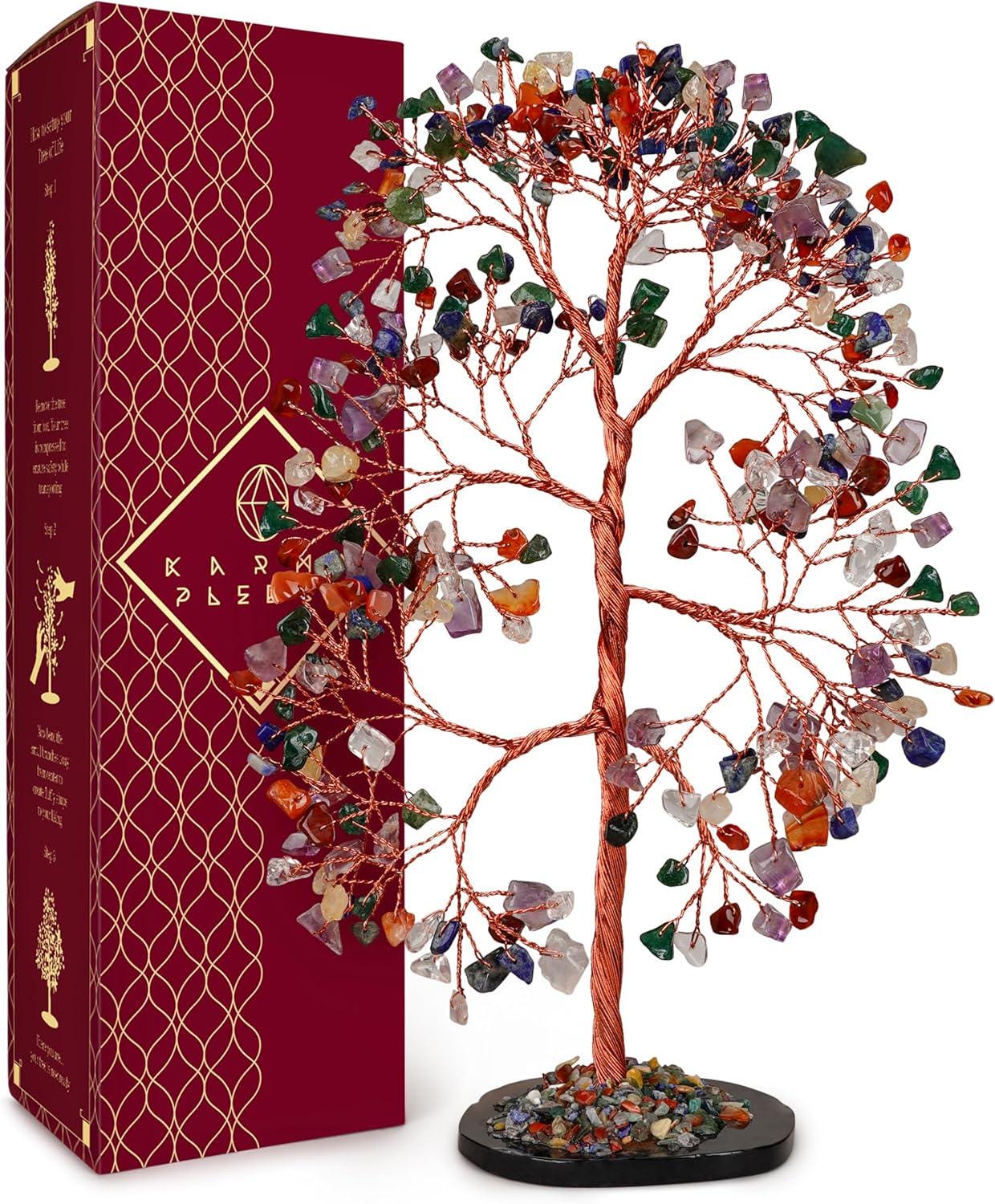7 Chakra Crystal Tree of Life with Slice Base, Handmade Reiki Decor for Home and Office