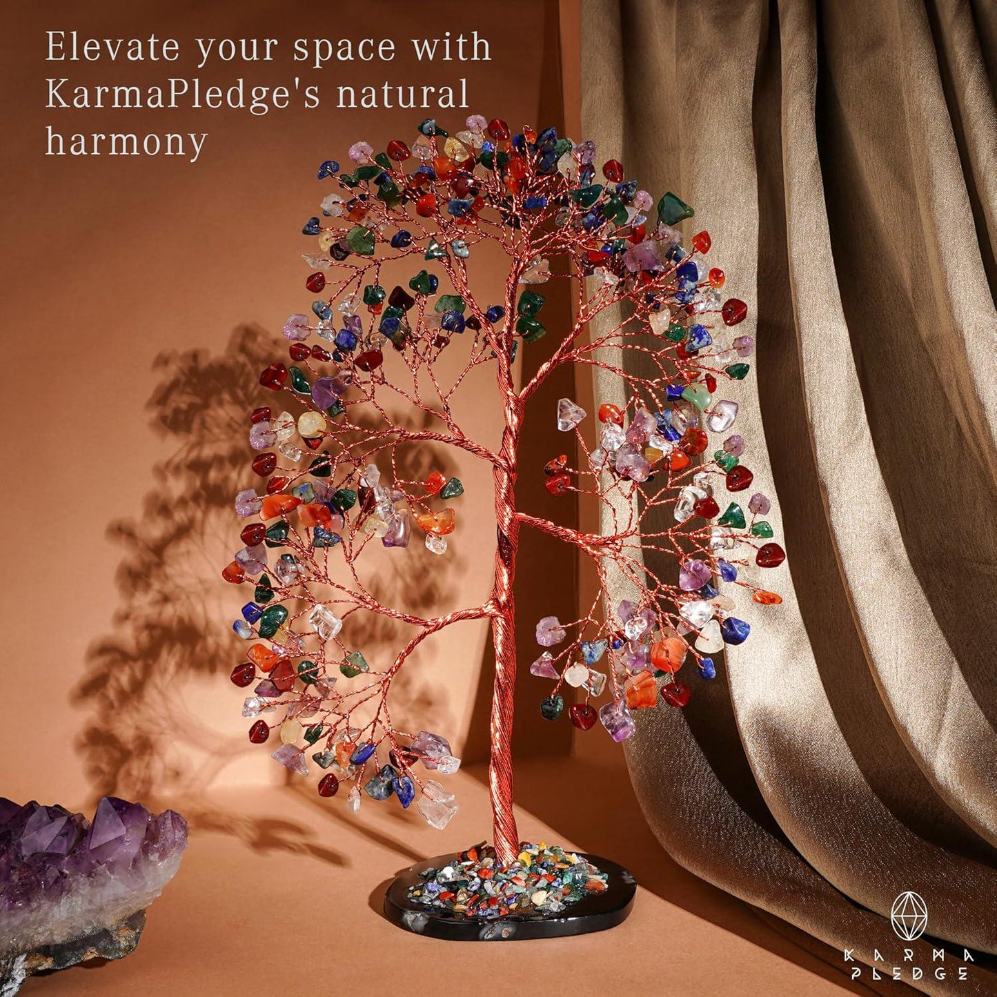 7 Chakra Crystal Tree of Life with Slice Base, Handmade Reiki Decor for Home and Office