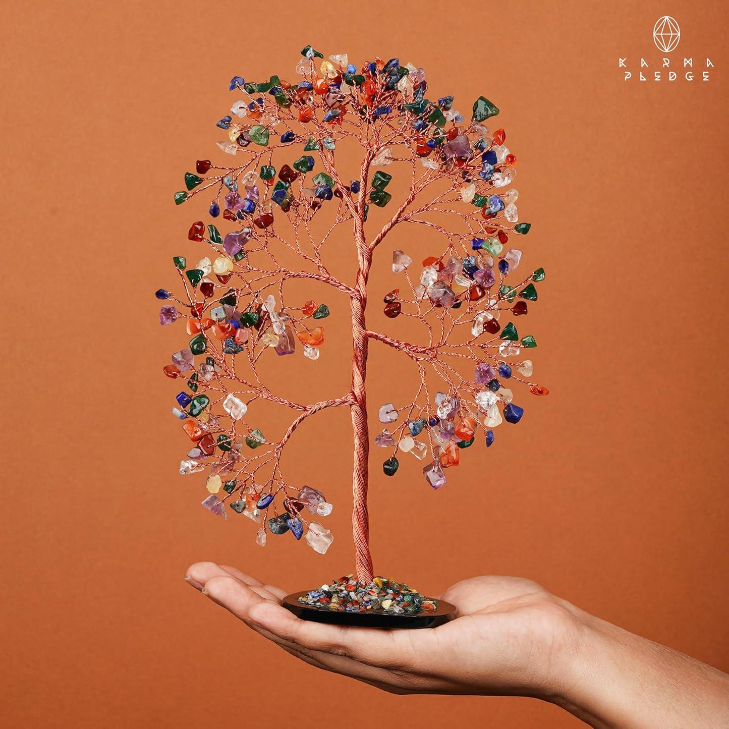 7 Chakra Crystal Tree of Life with Slice Base, Handmade Reiki Decor for Home and Office
