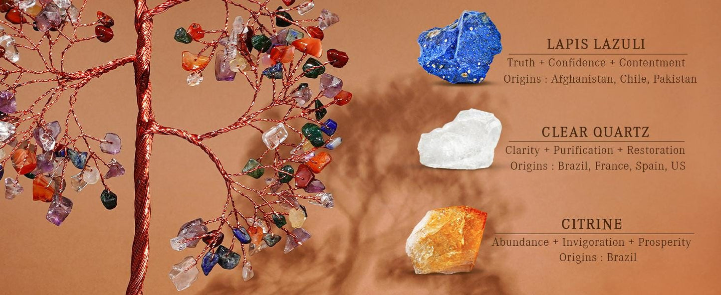 7 Chakra Crystal Tree of Life with Slice Base, Handmade Reiki Decor for Home and Office