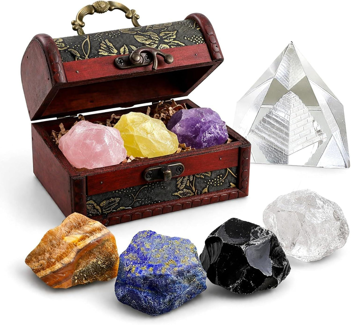 Healing Crystal Set, Chakra Stones, Selenite Pyramid, Wooden Box