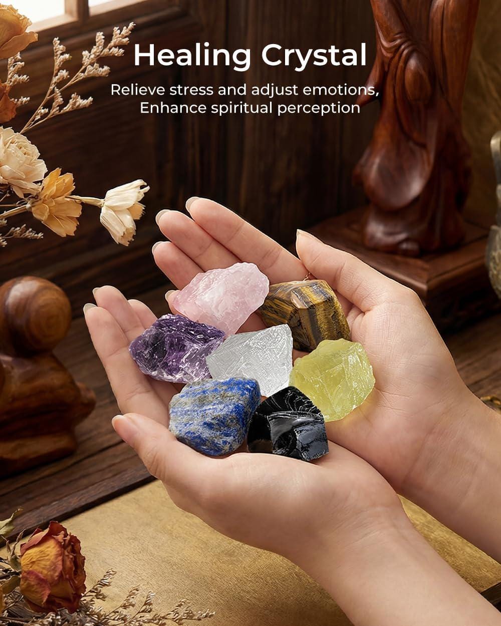 Healing Crystal Set, Chakra Stones, Selenite Pyramid, Wooden Box