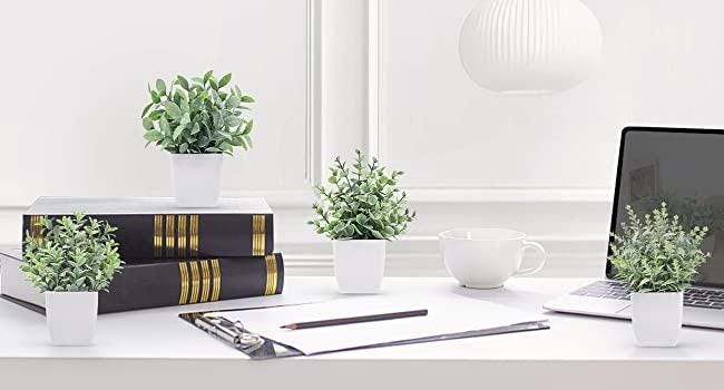 Set of 4 Mini Artificial Plants, Faux Greenery in White Pots, Farmhouse Desk Decor