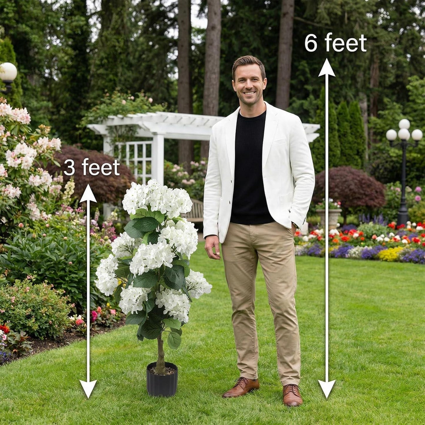 Faux Hydrangea Topiary Trees 3FT Set of 2, Artificial White Flower Plants in Pots for Outdoor Indoor Porch Decor